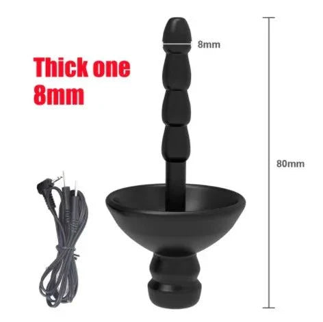 Varied Electro-Shock Penis Ring with 8mm urethral stimulator and attached electrode wire in black
