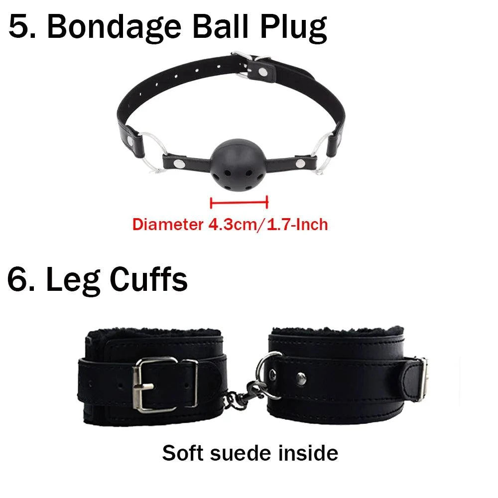 10-Piece BDSM Bondage Restraint Kit — Cuffs, Collar, Whip, Ball Gag & Rope
