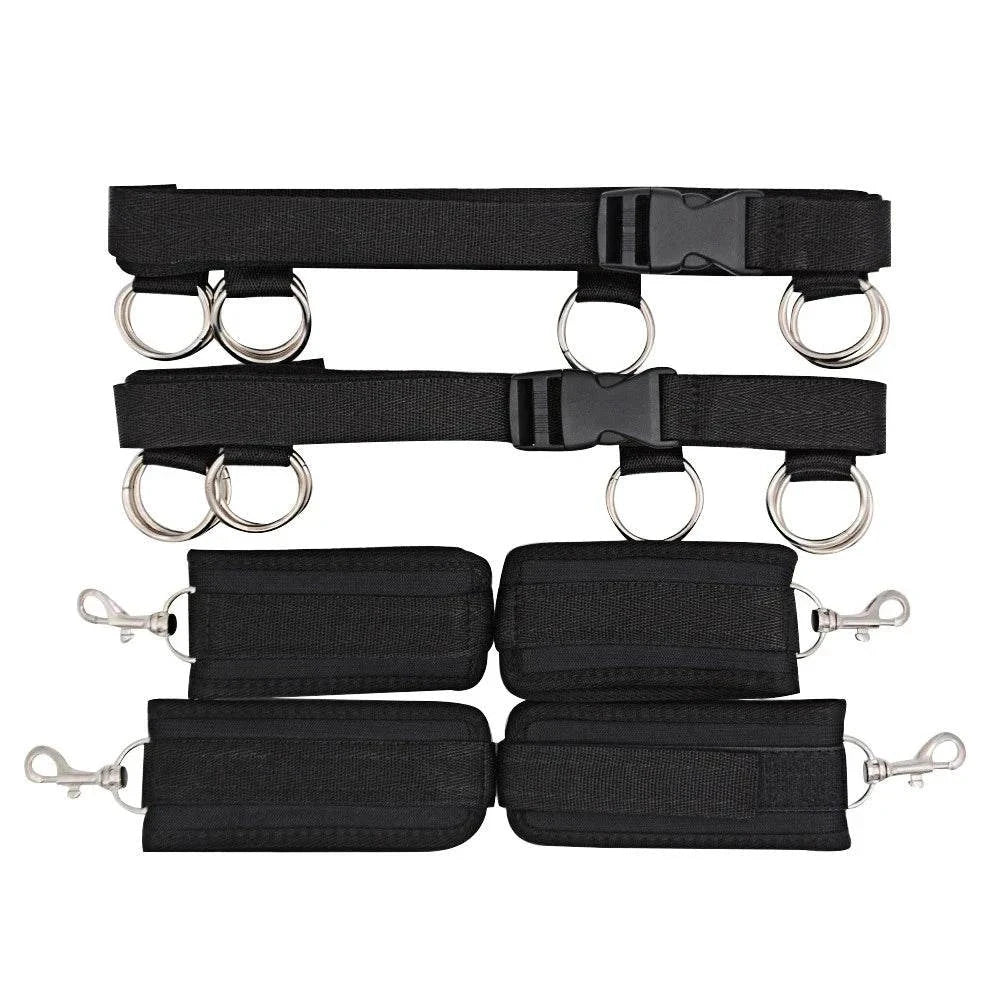 Couples BDSM Bondage Set with adjustable handcuffs and ankle restraints in black nylon straps