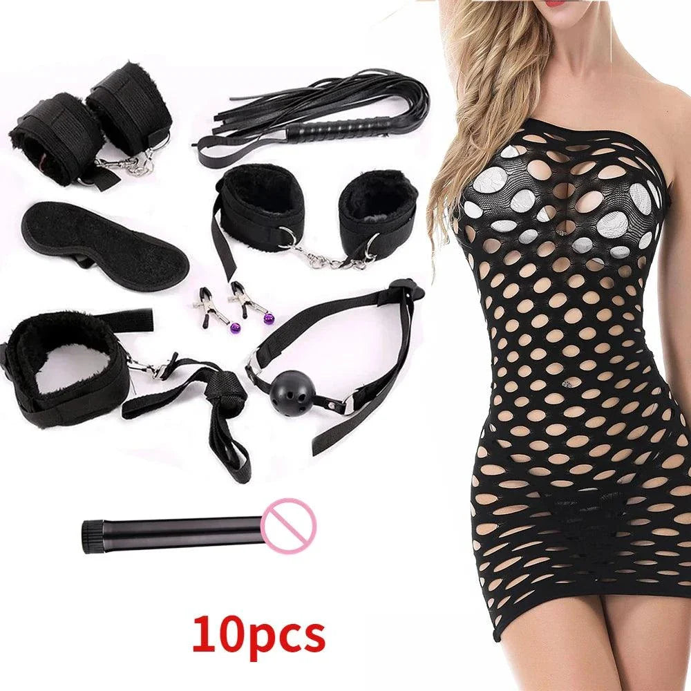 10-piece set from the 37-Piece Black Wolf BDSM Kit with bondage cuffs, gag, flogger, rope, vibrator, and anal plug accessories and a black fishnet dress model