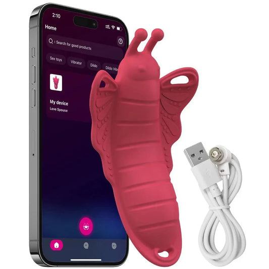 Wireless app wearable panty vibrator in butterfly shape with USB charging cable and smartphone control display