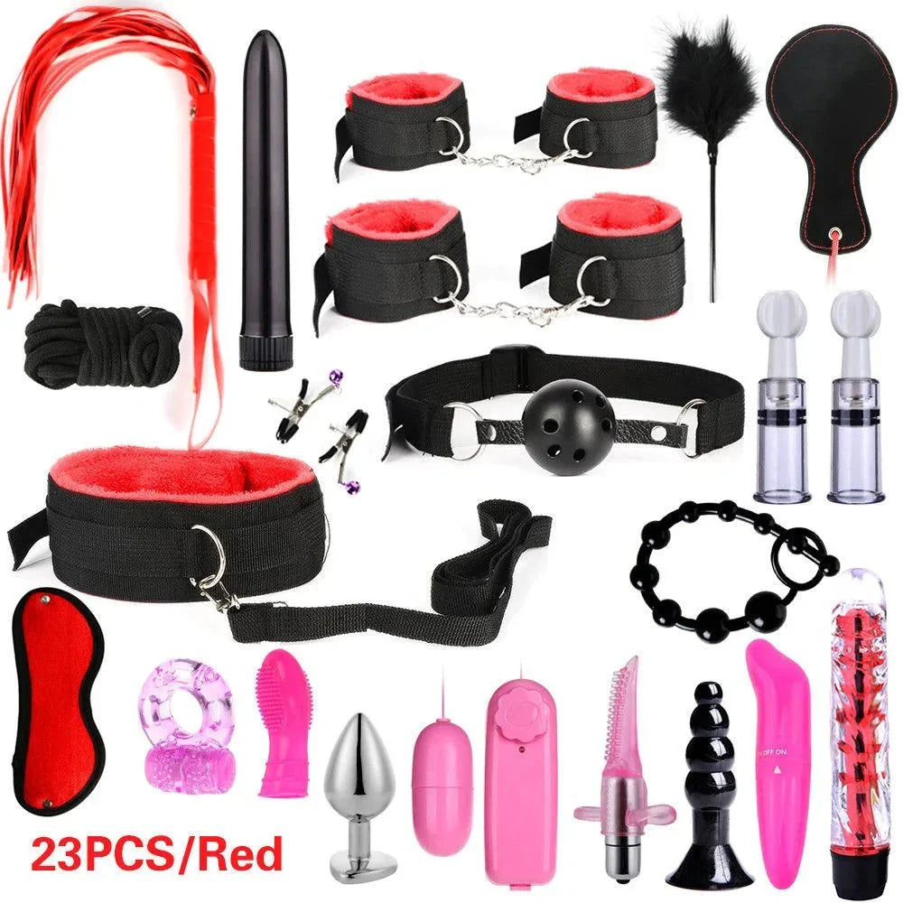 Plush and nylon BDSM kit with red soft cuffs, whip, blindfold, nipple clamps, and versatile bondage accessories for couples