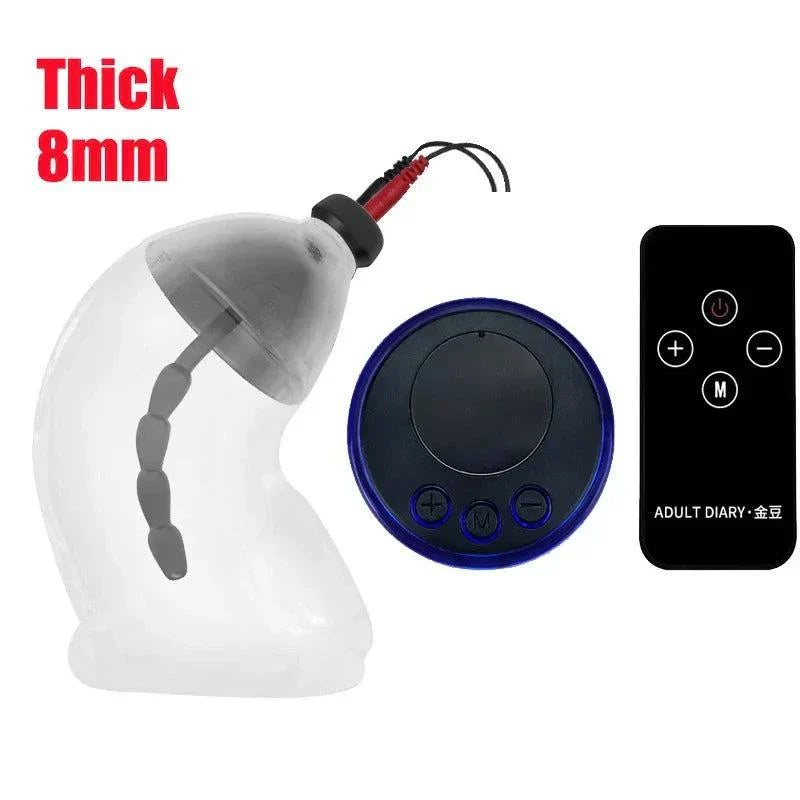 Electric shock penis plug and chastity cage with urethral dilator and remote controls for electro stimulation