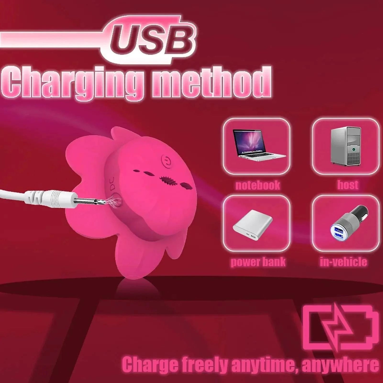 Pink rose-shaped USB rechargeable nipple clamps vibrator with various charging options including notebook, host, power bank, and in-vehicle.