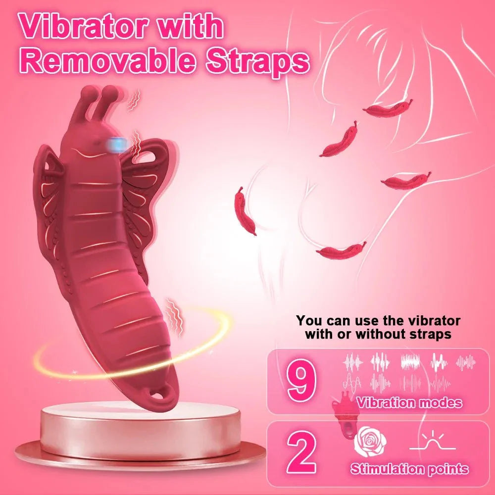 Wireless app wearable panty vibrator with removable straps, 9 vibration modes, and 2 stimulation points for discreet clitoral and penis ring stimulation.