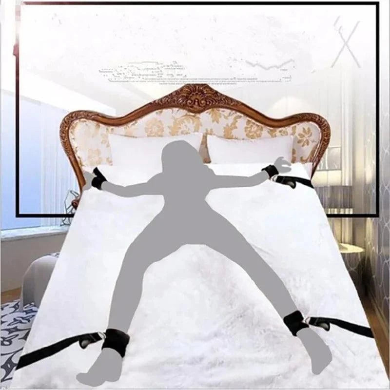 All-in-One 18-Piece Bondage & Strap-On Kit with adjustable harness, hand and leg restraints on bed