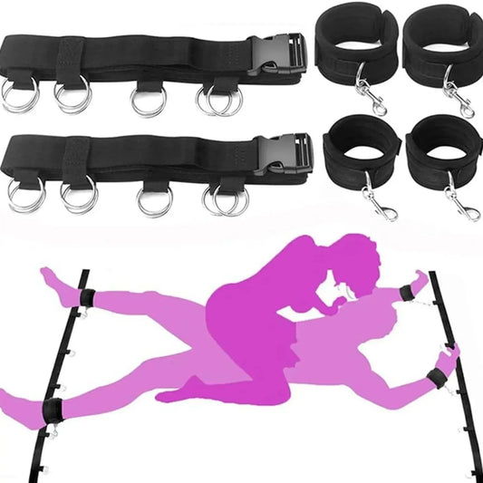 Full bed restraint tie-down set with adjustable straps, handcuffs, ankle cuffs, and eyeblinder for couples' bondage play