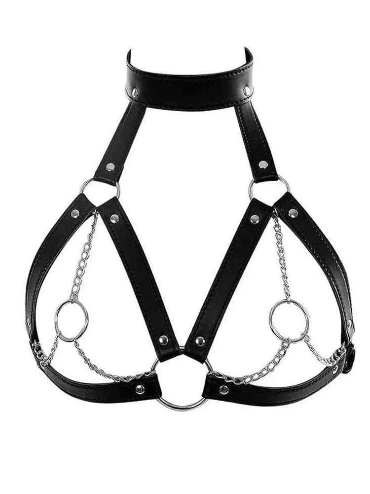 Adjustable strappy body harness belt with metal rings and chains for fetish and lingerie layering