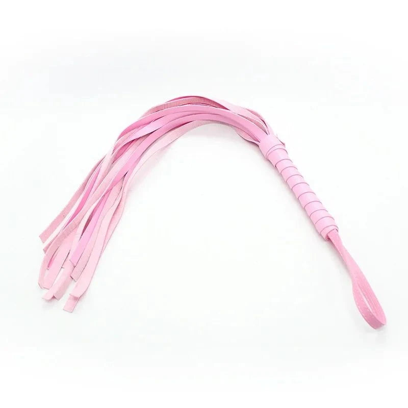 Pink leather flogger whip for sensory BDSM play and bondage kit