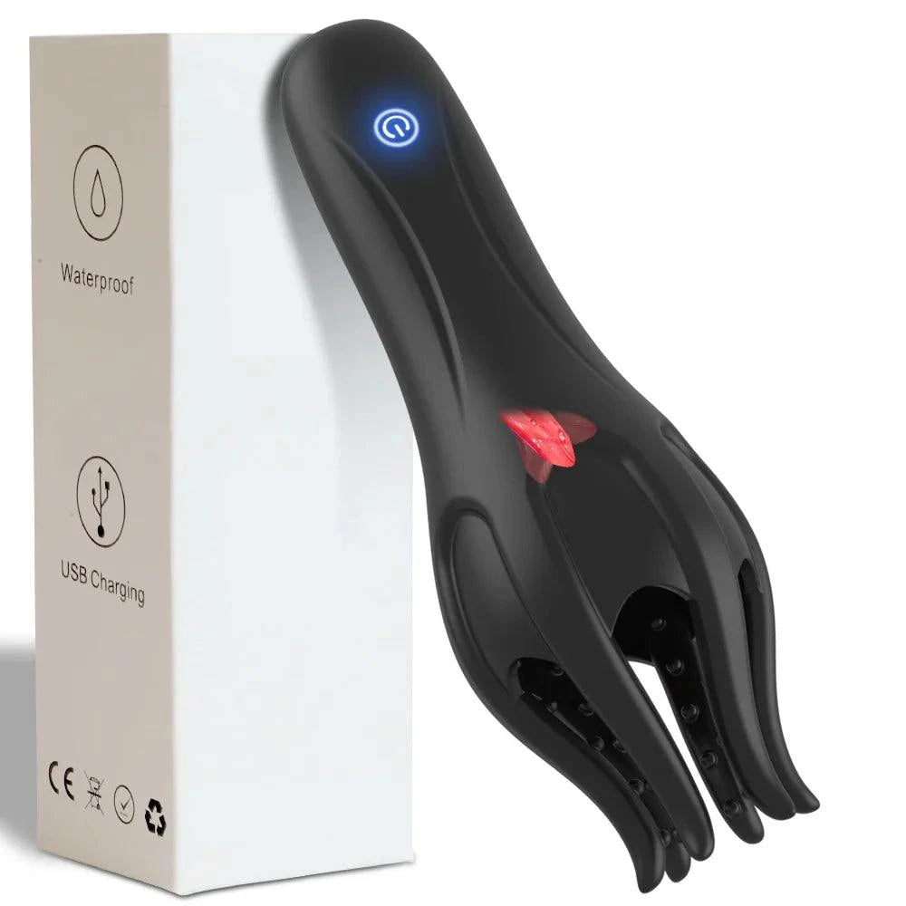 Glans Trainer Vibrator black soft fingertip massager with waterproof USB charging box