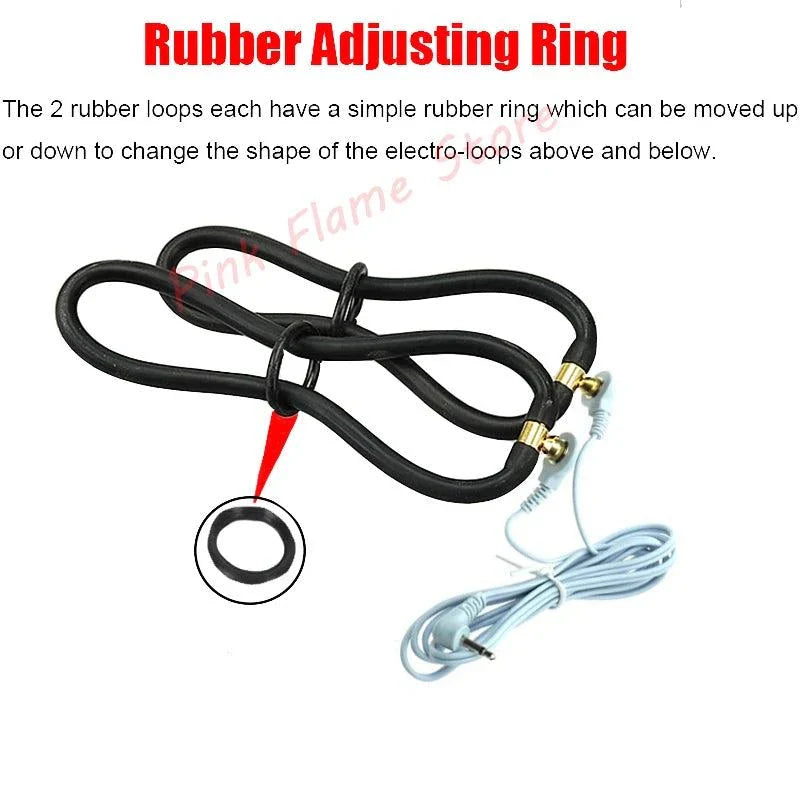 Varied Electro-Shock Penis Ring with rubber adjusting loops and electro-stim wires for prostate and urethra stimulation