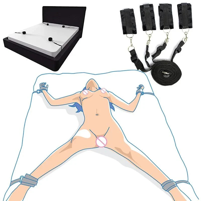 Full bed restraint tie-down set with adjustable straps, handcuffs, ankle cuffs, and eyeblinder for bondage play