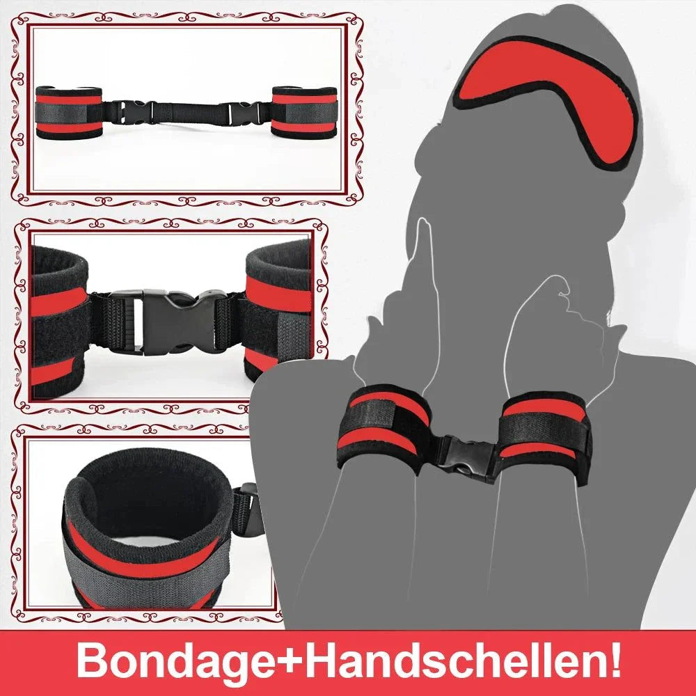 Couples BDSM bondage set with mask, feather tickler, handcuffs, and ankle restraints in black and red.