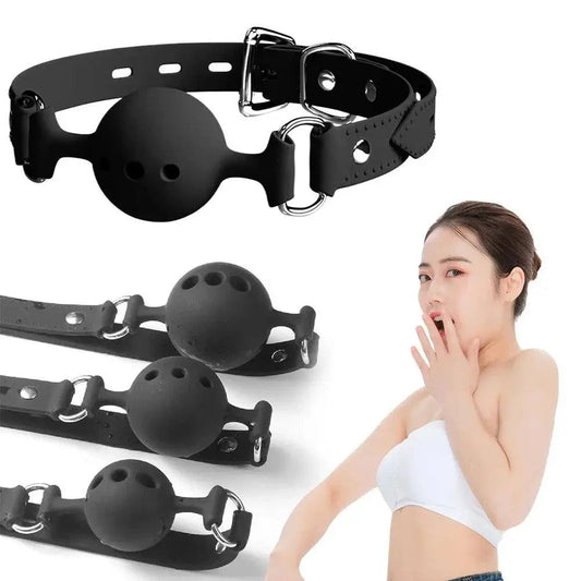 Breathable silicone ball gag with adjustable straps for bondage play and safe mouth restraint