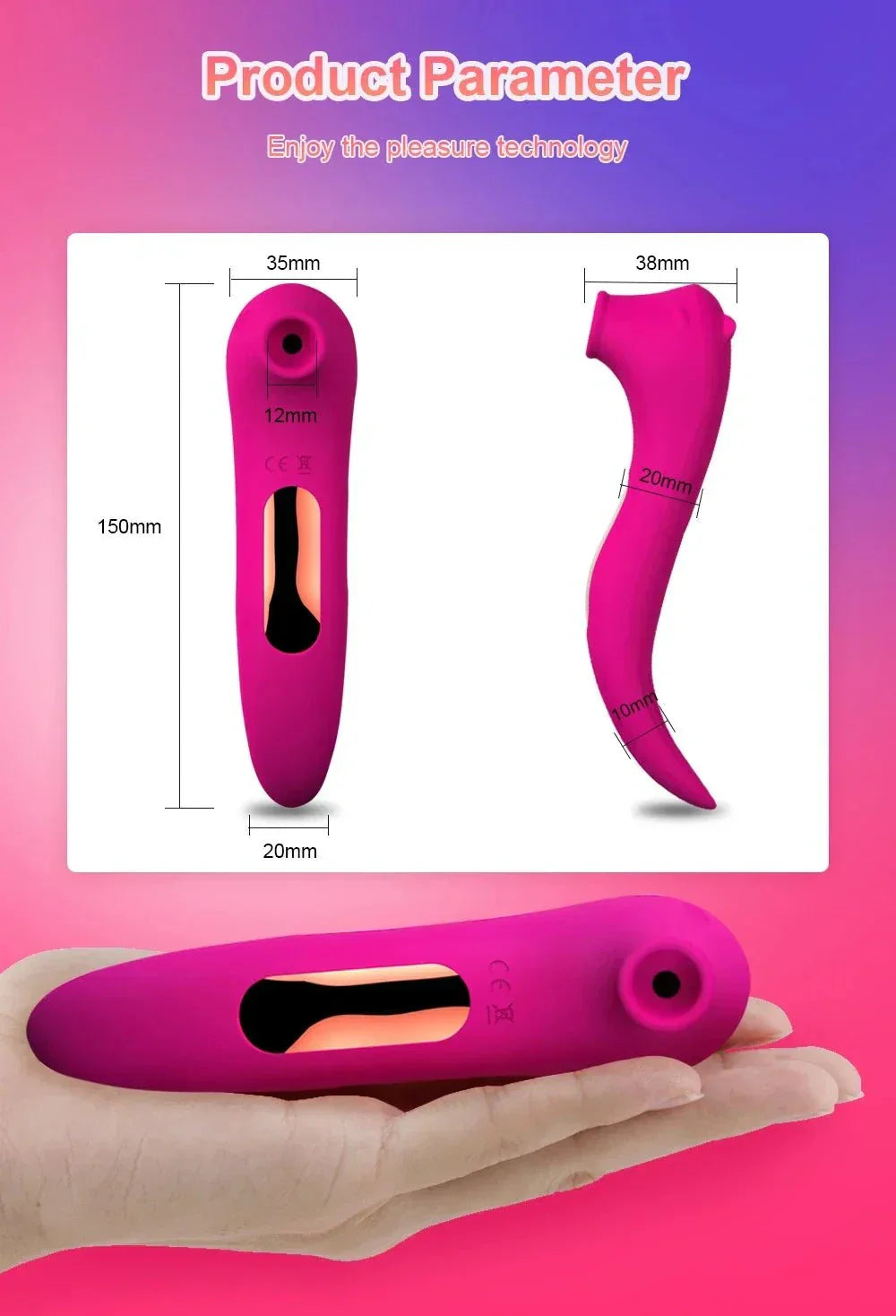 Powerful clitoris sucking vibrator in pink with ergonomic design and suction technology displayed with size dimensions and handheld view