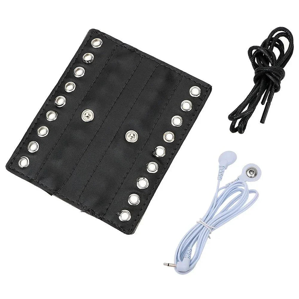 Varied Electro-Shock Penis Ring accessories including black strap and electrode wires for electro-stim play