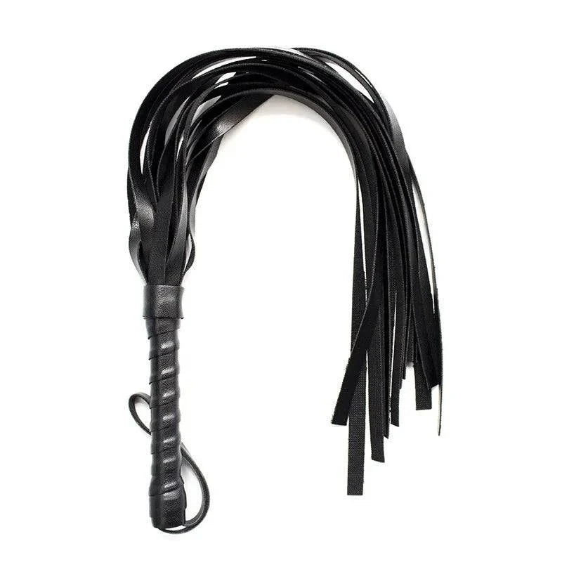 Black leather flogger whip with multiple tails for sensory play and bondage use
