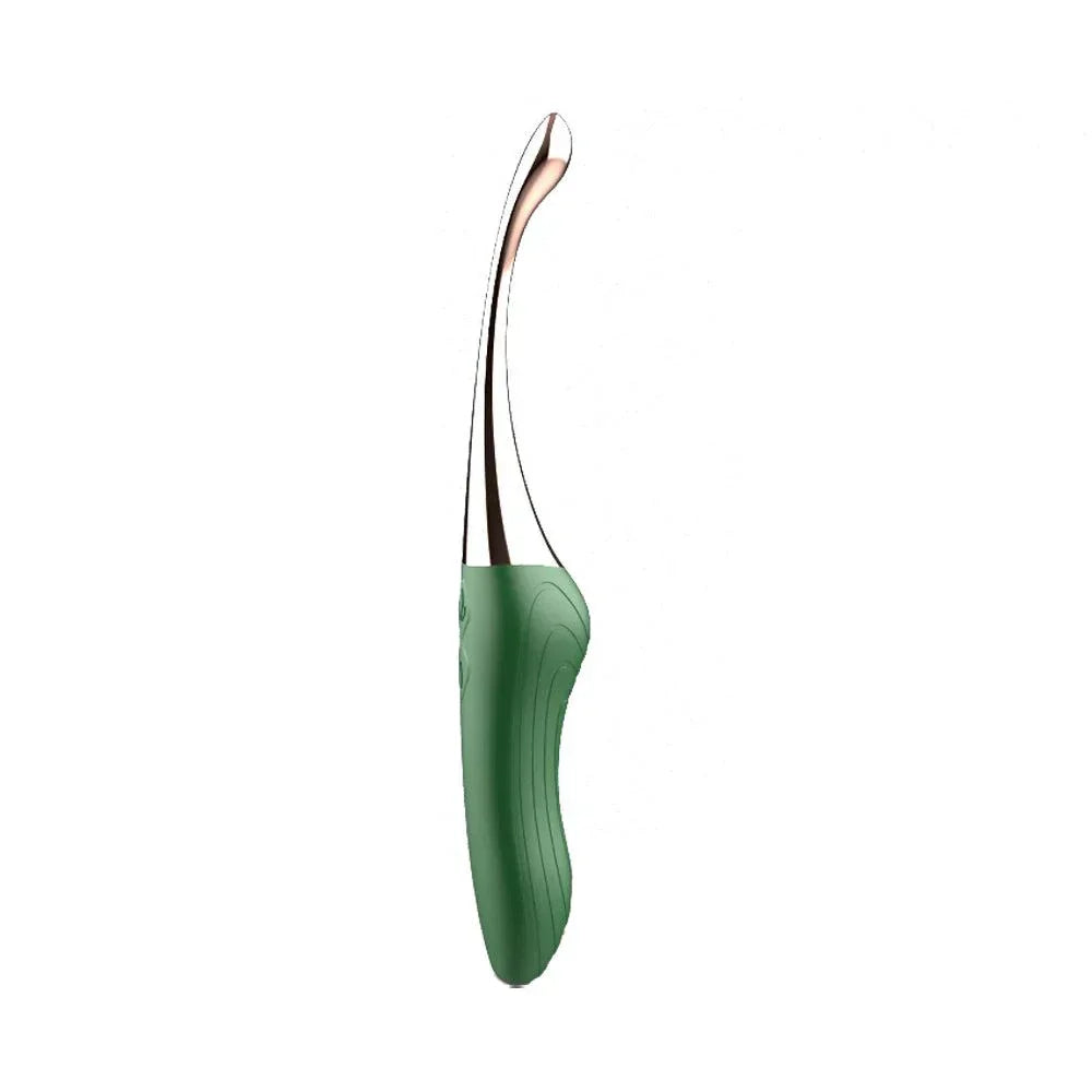 High-Frequency G-Spot Vibrator for clitoral, nipple, and oral-lick stimulation in green and silver ergonomic design