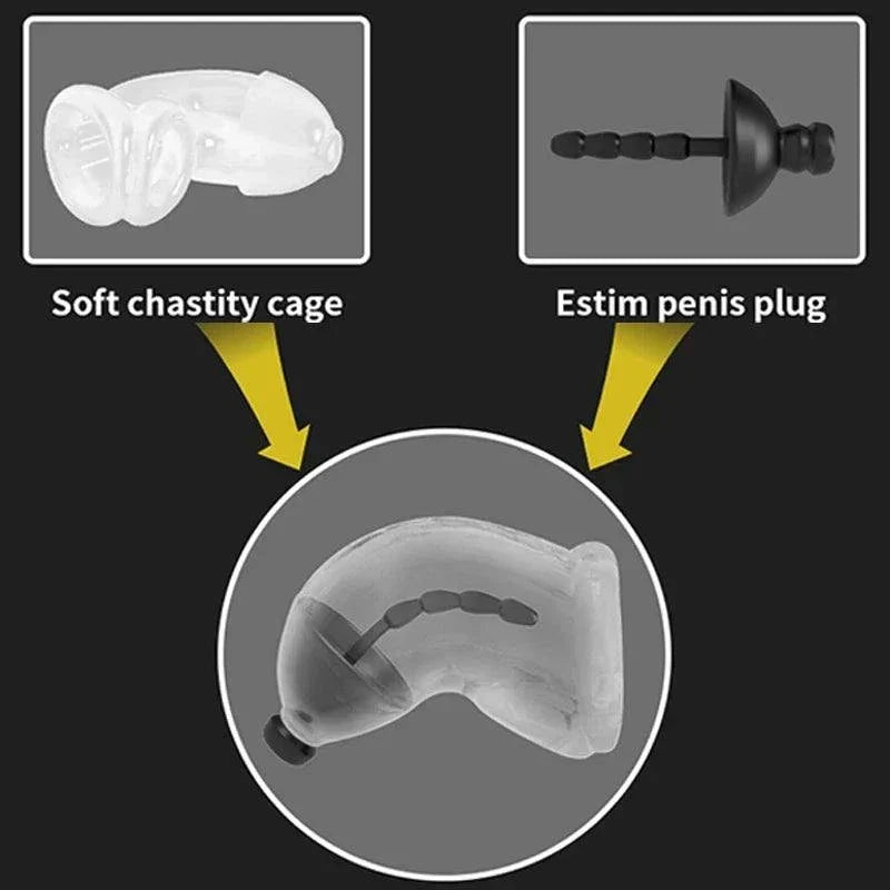 Electric shock penis plug and soft chastity cage with urethral dilator and cock ring stimulator set