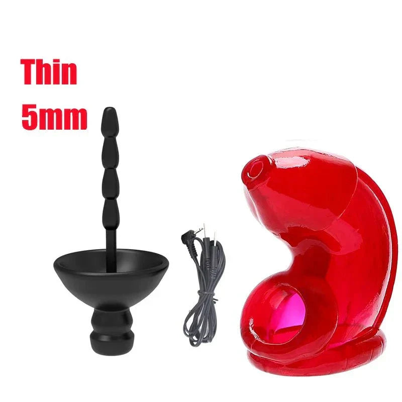 Electric shock penis plug and red chastity cage with urethral dilator and electro stimulator accessories