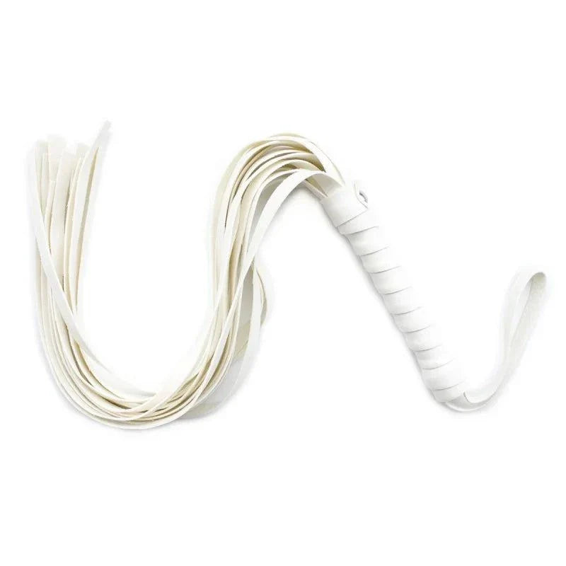 White leather flogger with multiple tails and wrapped handle for sensory BDSM play