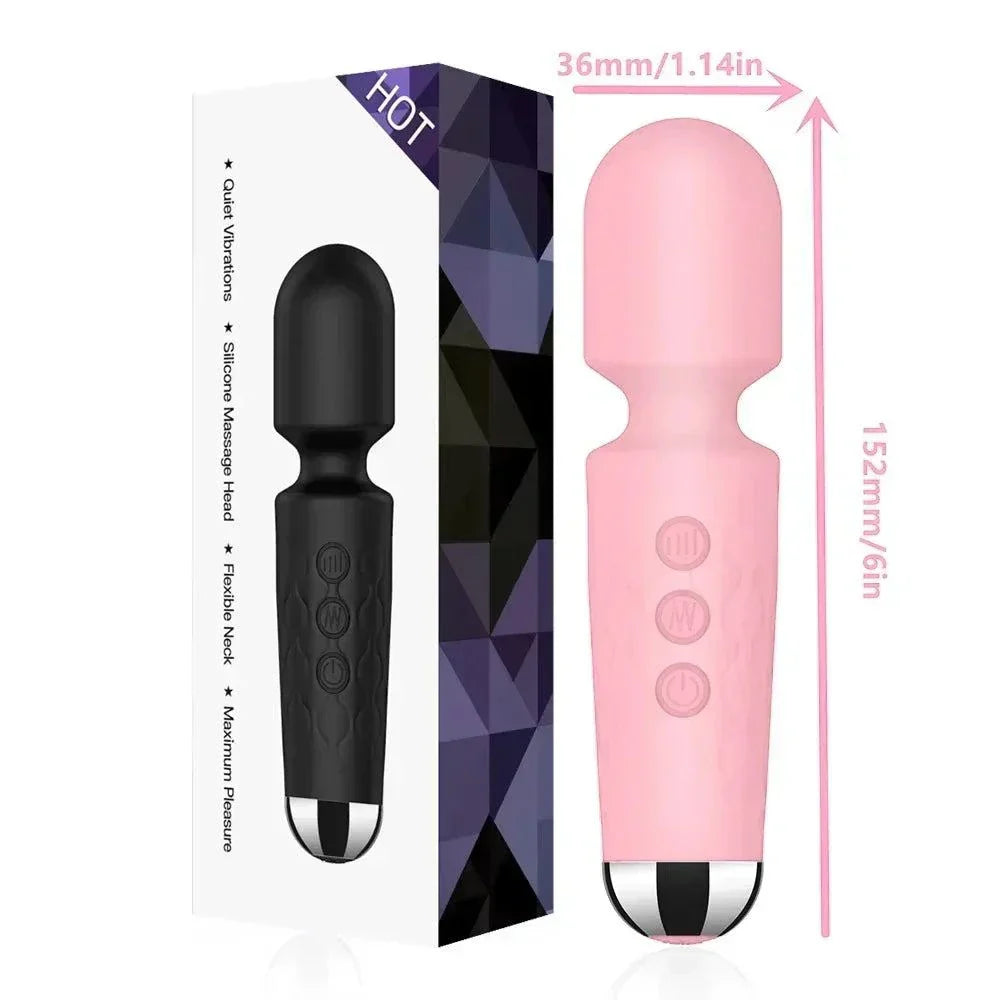20-speed powerful AV vibrator pink wand with silicone head and flexible neck next to its packaging box