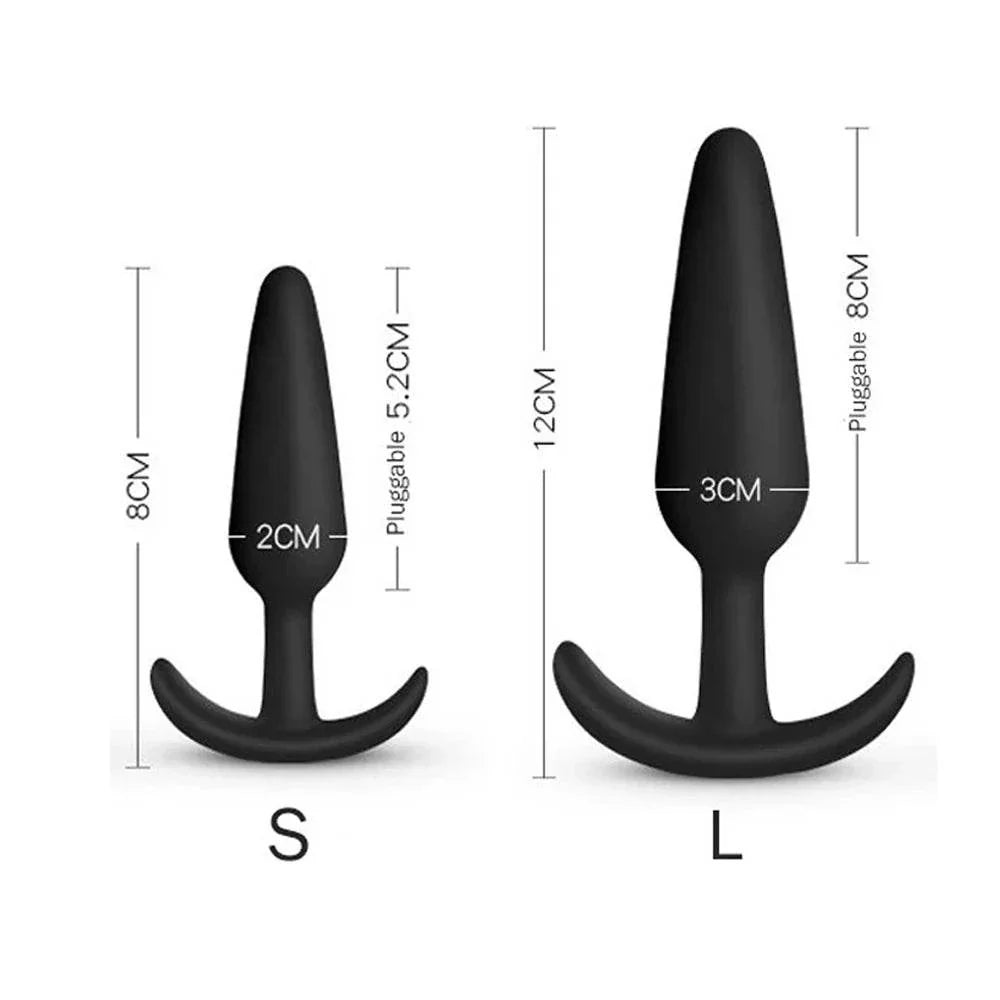Black silicone anal plugs set with small and large sizes, soft and flexible, ergonomic design with flared base for safety.