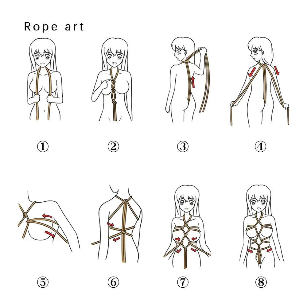 Step-by-step illustrated guide for Shibari rope art using 20-meter cotton rope for bondage restraint