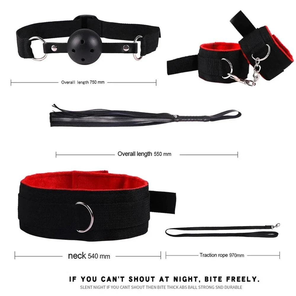 Plush & Nylon BDSM Kit with black and red adjustable cuffs, ball gag, whip, neck collar, and traction rope for bondage play