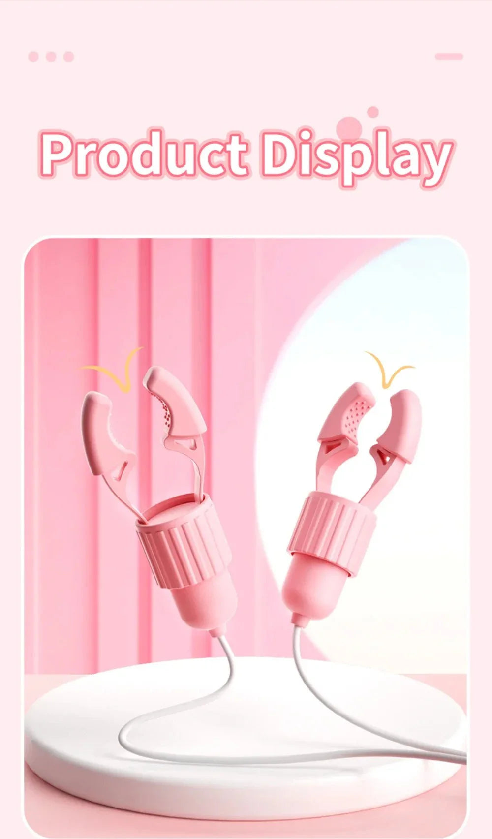 Pink nipple clamps vibrator with sucking and tongue-licking clit stimulator on display stand