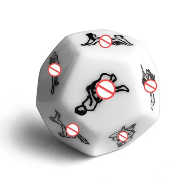 37-Piece Black Wolf BDSM Kit includes a white 12-sided dice with playful BDSM position illustrations and red no symbols
