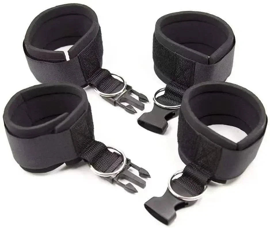 Adjustable black nylon handcuffs and collar bondage kit for couples restraint
