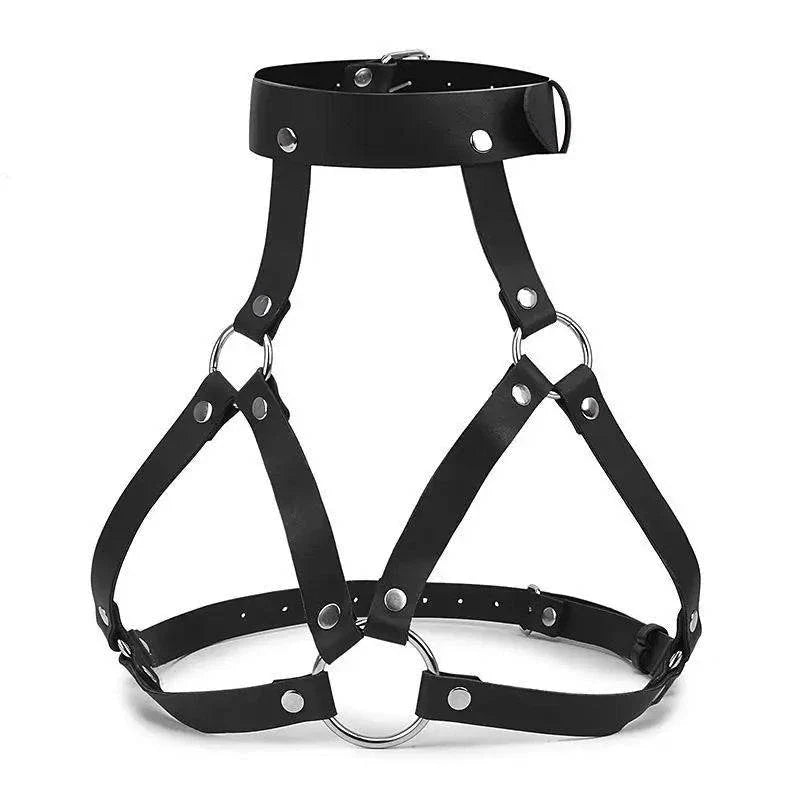 Adjustable strappy body harness belt with black straps and metal rings for lingerie or bondage look