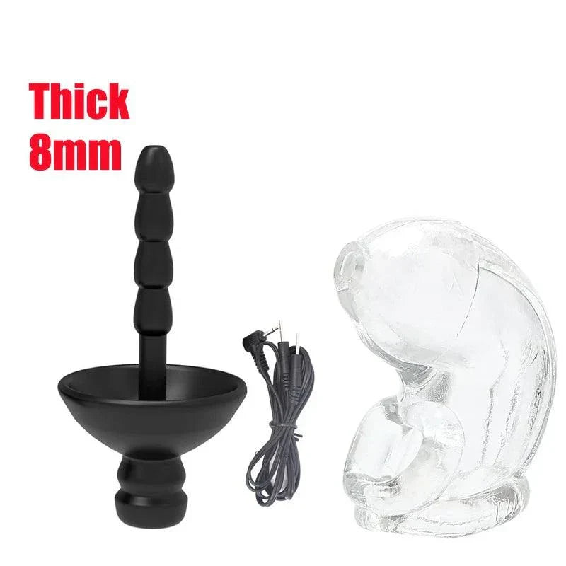 Electric shock penis plug with 8mm thick urethral dilator and clear chastity cage with electro stimulator wires