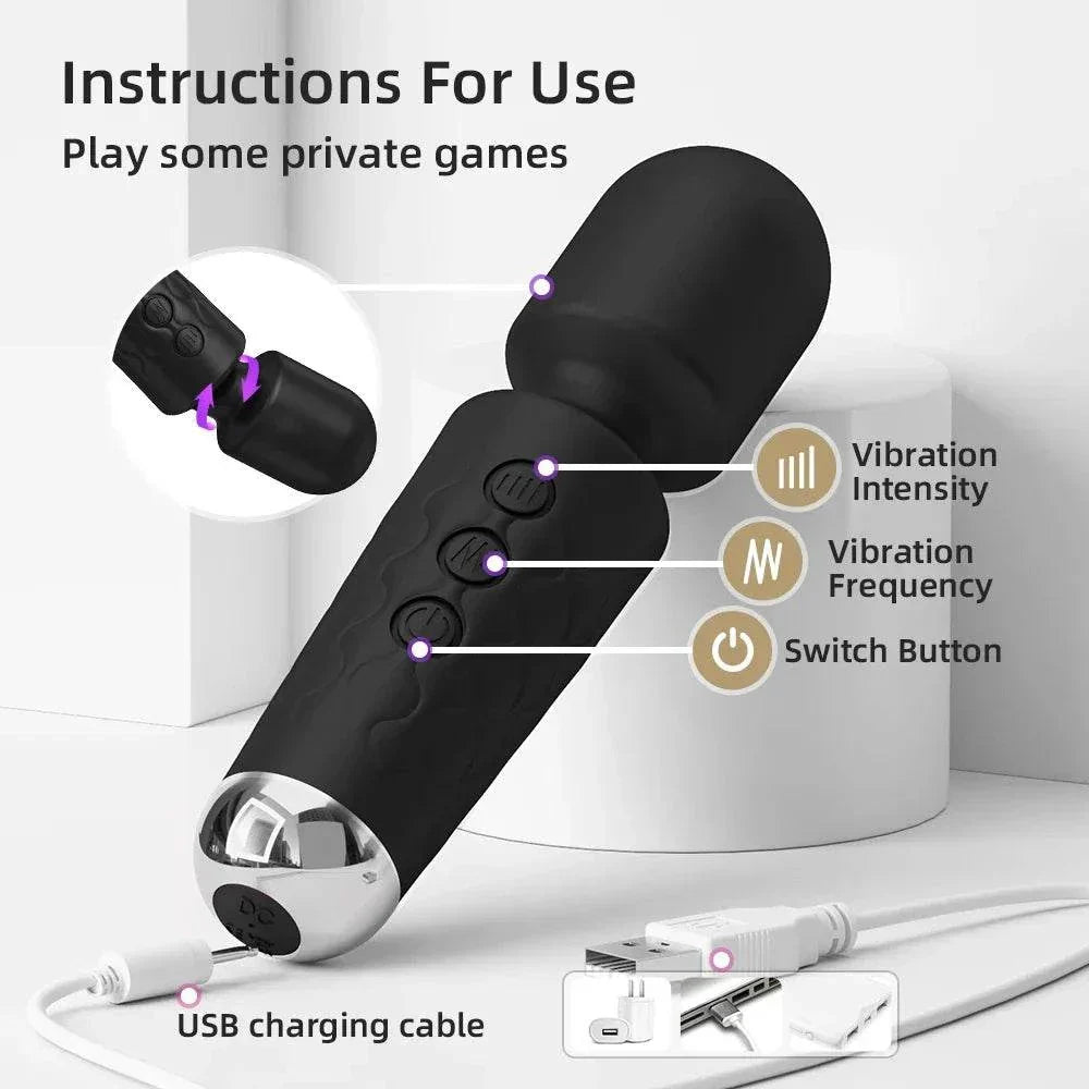 20-Speed Powerful AV Vibrator with USB charging, multiple vibration modes, and attachments for G-spot, clitoral, and nipple stimulation