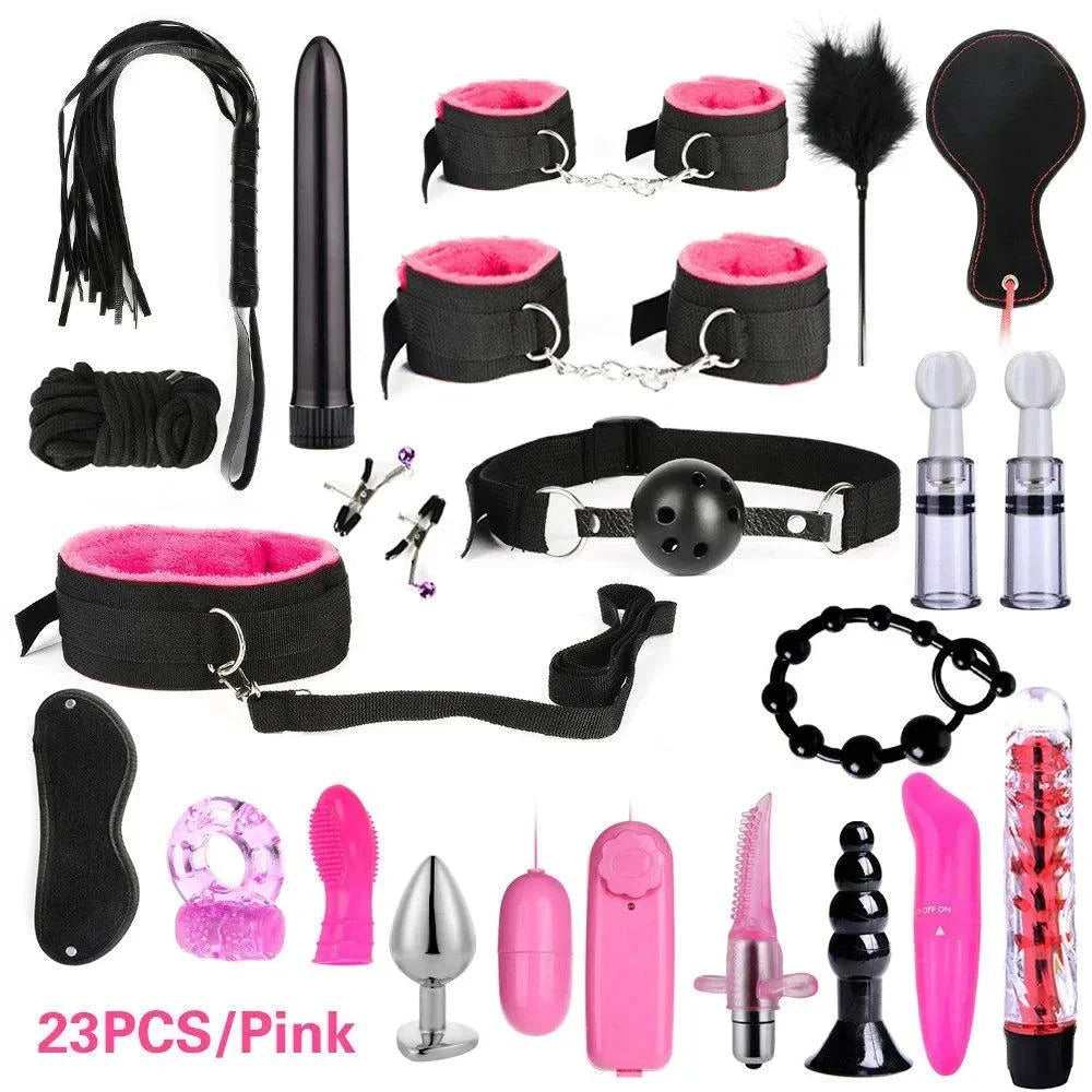 Plush & nylon BDSM kit with cuffs, whip, blindfold, nipple clamps, and pink accessories for soft bondage play