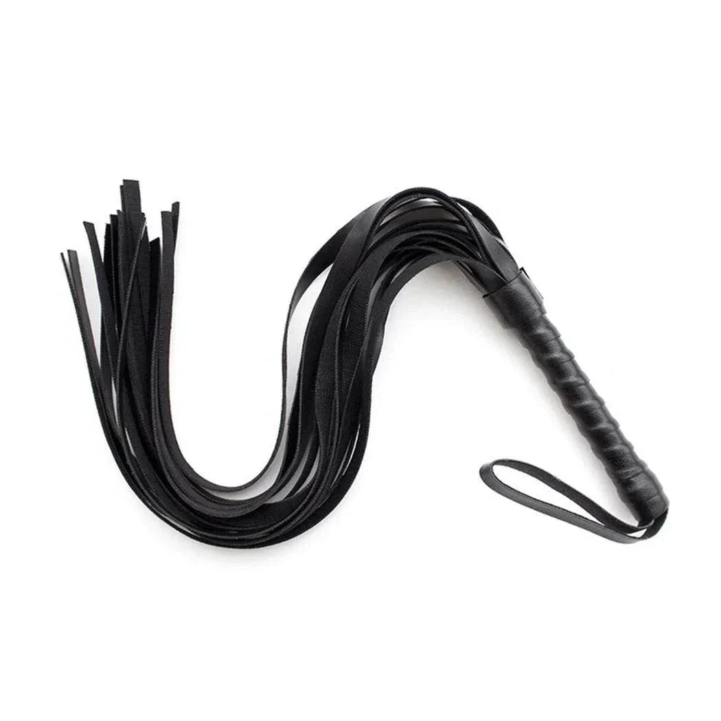 Black faux leather whip riding crop with multiple flexible tails and ergonomic handle for BDSM impact play