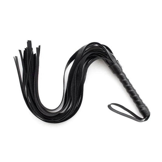 Black faux leather whip riding crop with multiple flexible tails and ergonomic handle for BDSM impact play