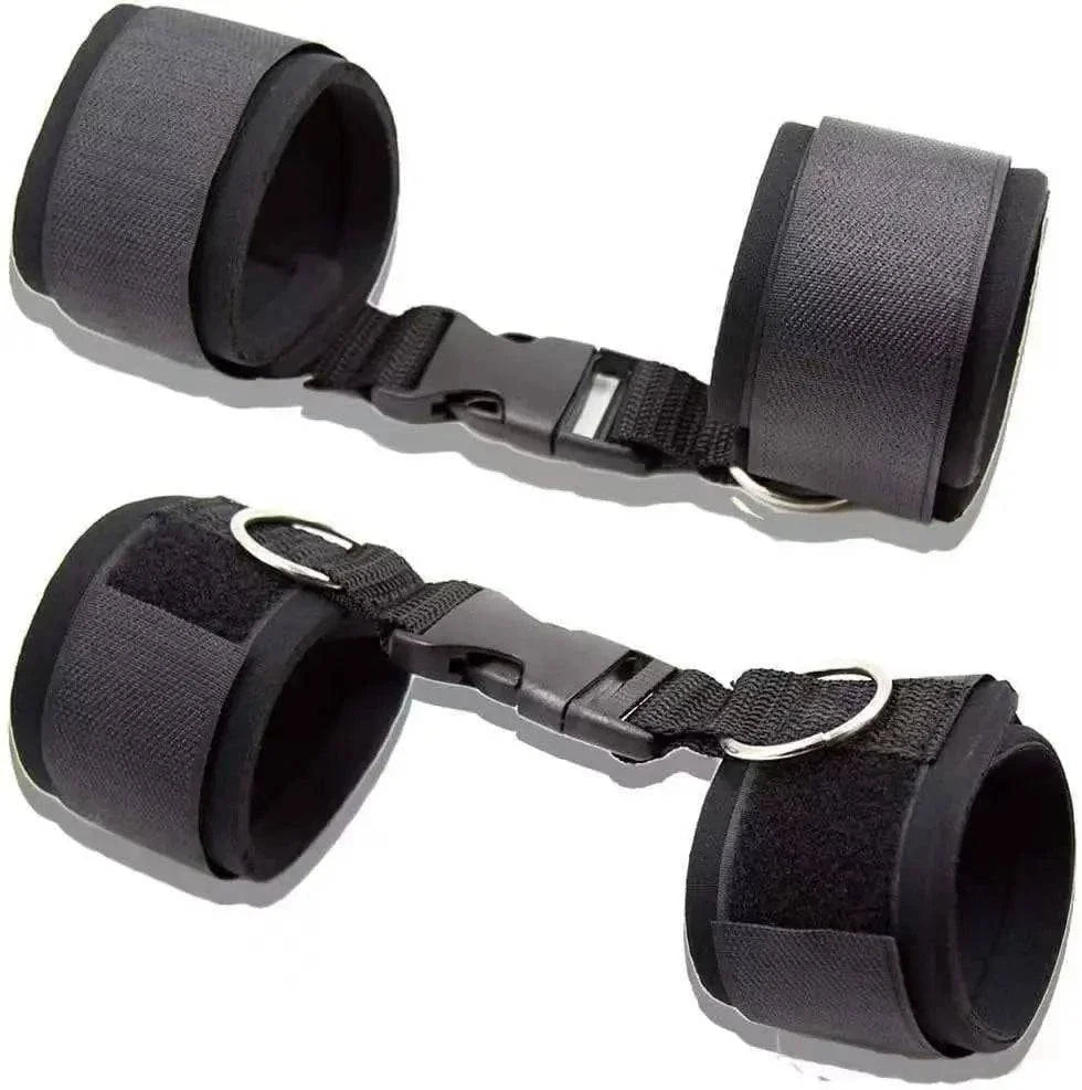 Adjustable black nylon handcuff and collar bondage restraint set for couples