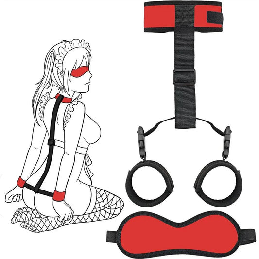 Couples BDSM Bondage Set with red mask, feather tickler, handcuffs, and ankle restraints for intimate roleplay and bondage games