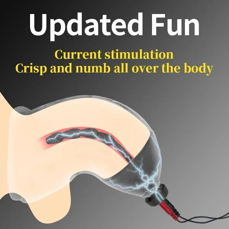 Electric Shock Penis Plug and Chastity Cage with urethral dilator and cock ring for electro stimulation and restraint play.