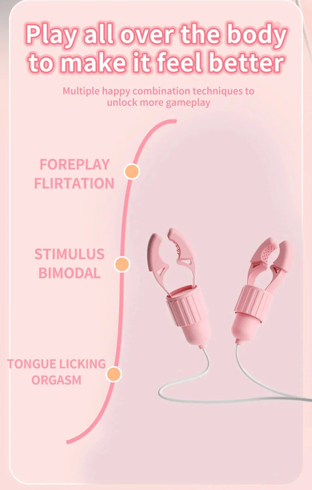 Pink nipple clamps vibrator with sucking and tongue-licking clit stimulator for multi-zone teasing and stimulation