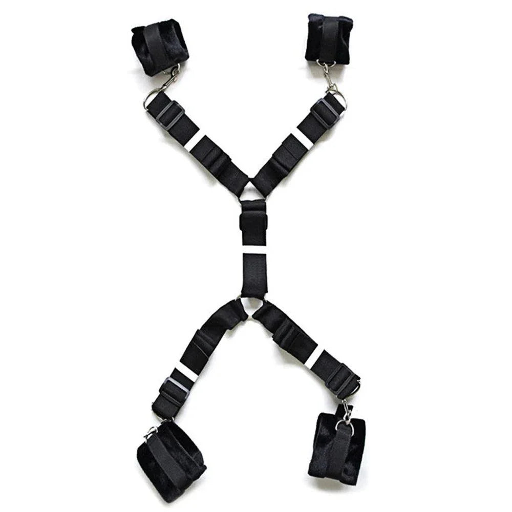 Couples BDSM Bondage Set black adjustable handcuffs and ankle restraints on white background