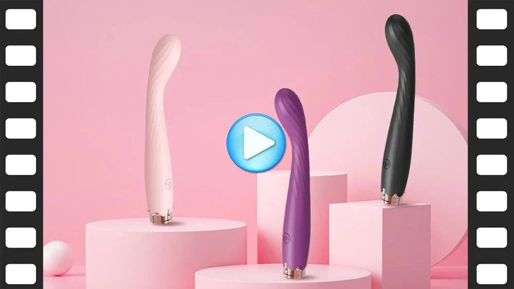 8 Seconds to Orgasm G-Spot Vibrator in pink, purple, and black with finger-shaped design for G-spot and clitoral stimulation on pink platforms