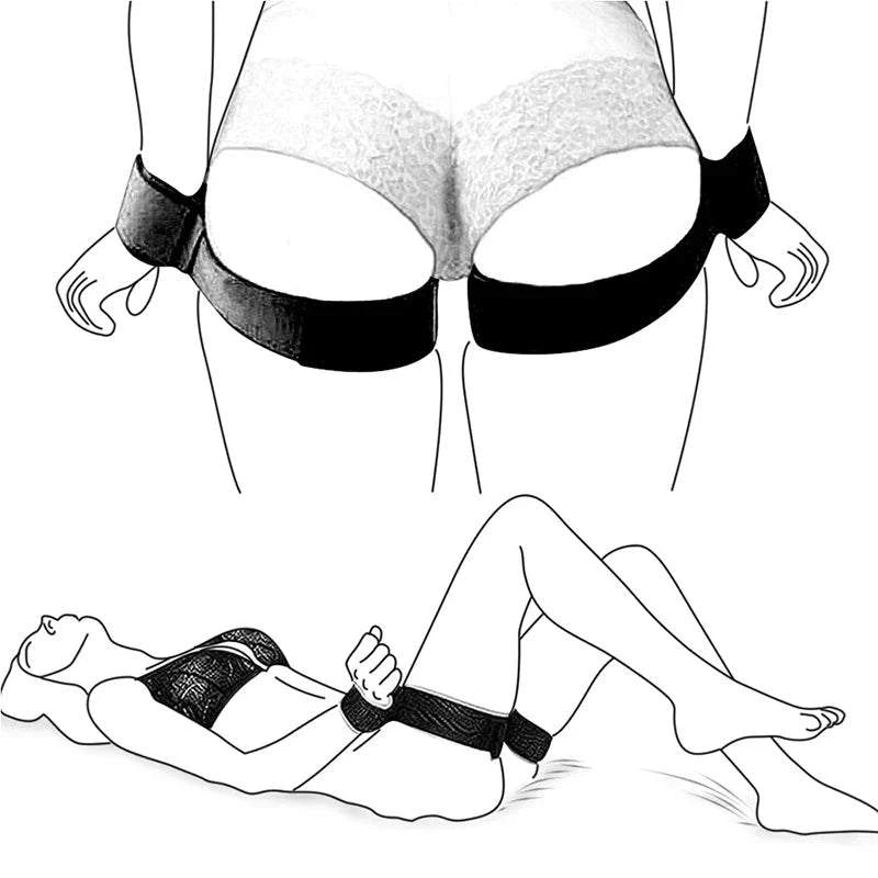 Illustration of adjustable harness with hand and leg restraints from All-in-One 18-Piece Bondage & Strap-On Kit for BDSM and roleplay