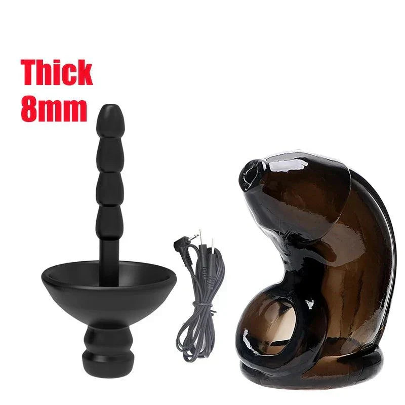 Electric Shock Penis Plug and Chastity Cage set with urethral dilator and electro stimulator in black