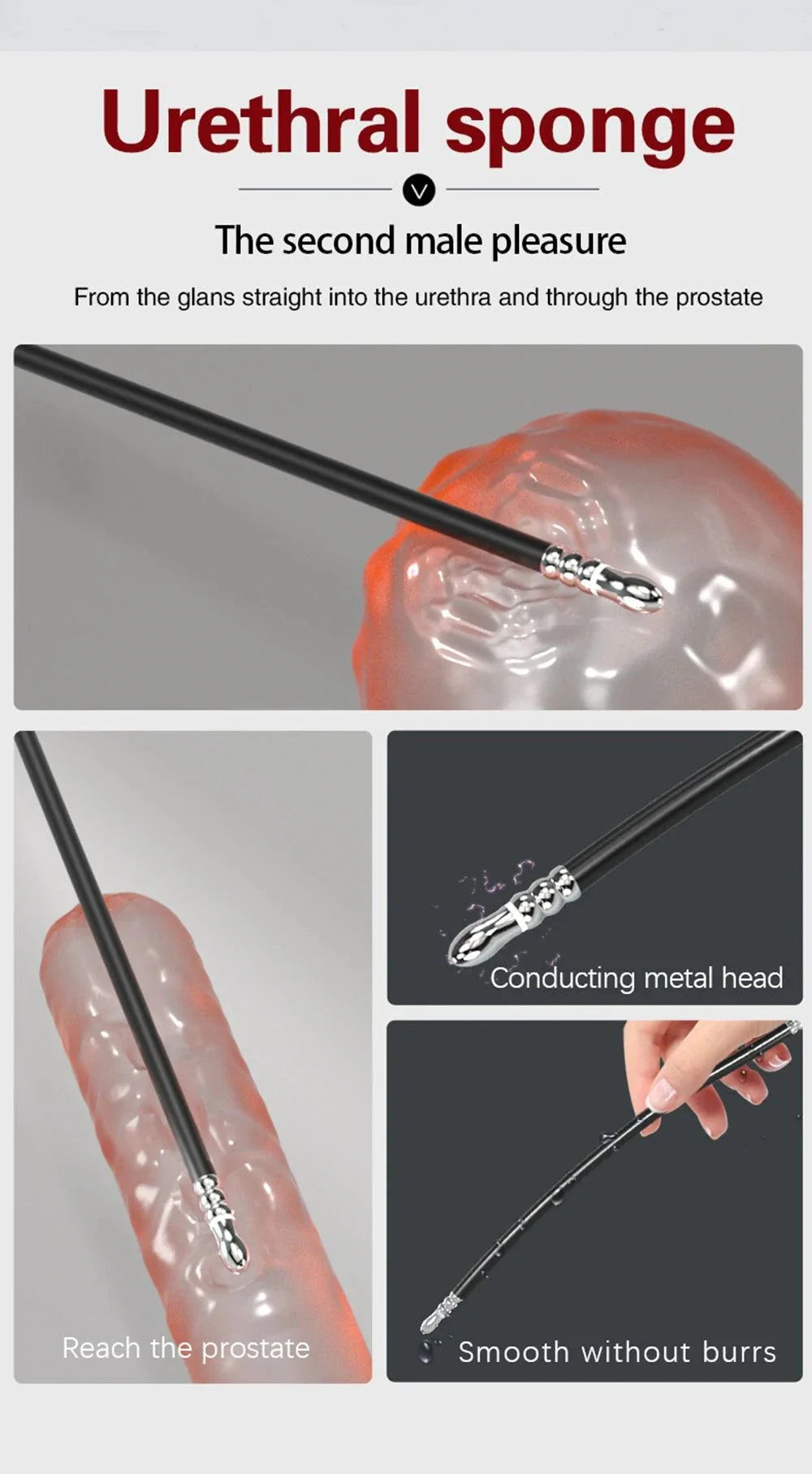 Electric shock stimulator urethral sounding set with medical-grade conducting metal head for men’s prostate stimulation