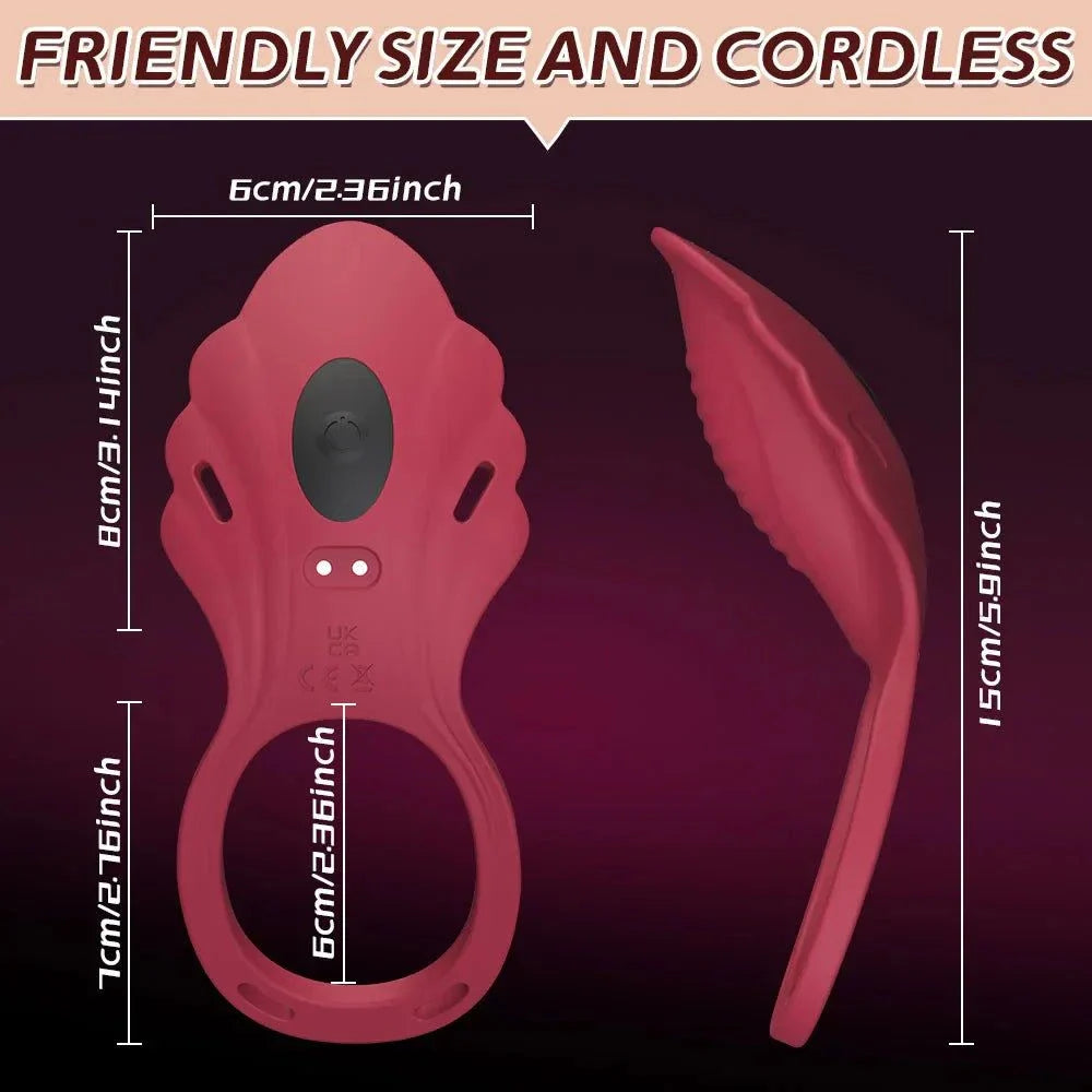 Wireless app controlled wearable panty vibrator and penis ring set in red with size dimensions