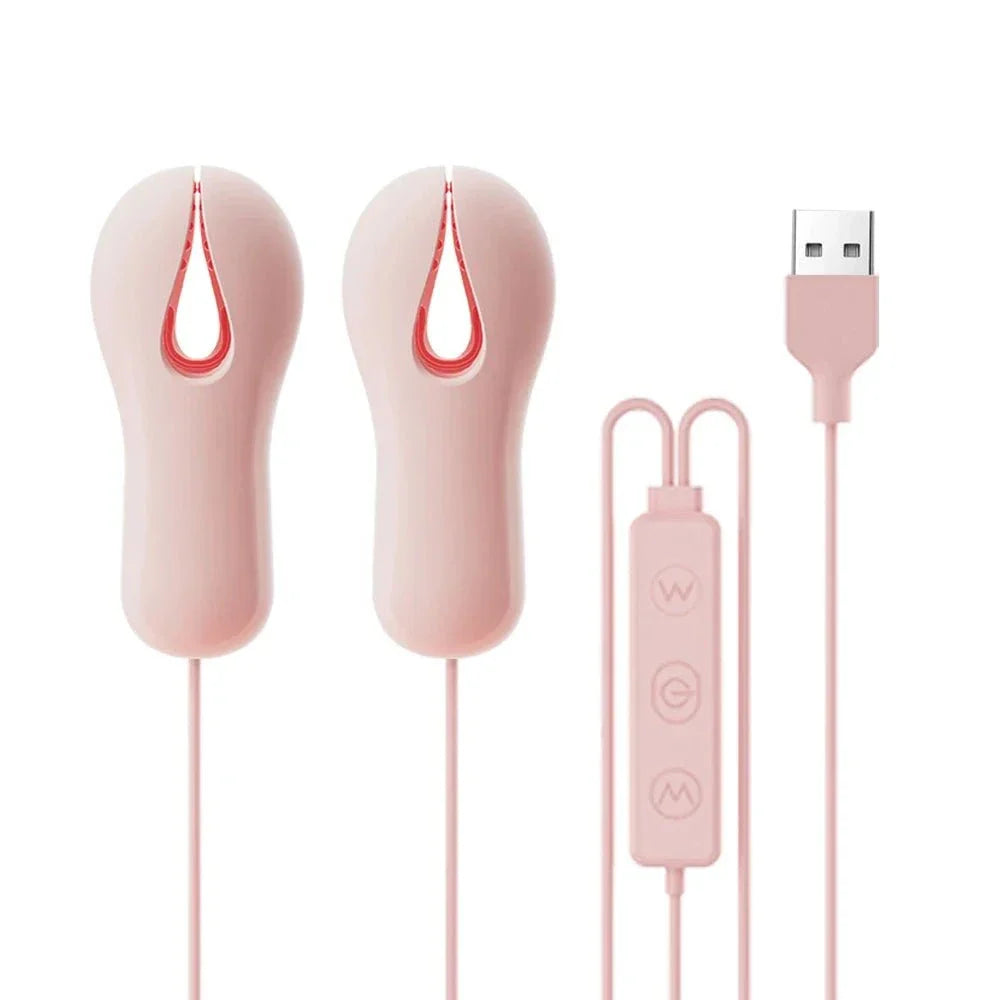 Enhancer nipple stimulator vibrator with clamps and USB charging cable in pink