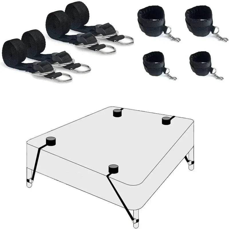 Full bed restraint tie-down set with adjustable straps, handcuffs, ankle cuffs, and eyeblinder for bondage play